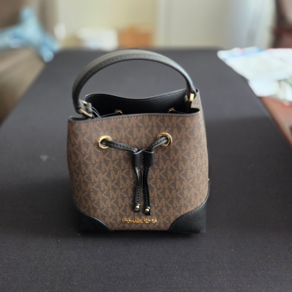 Michael Kors Mercer Small Drawstring Bucket Messenger Bag Brown Black 35F2GM9M1B